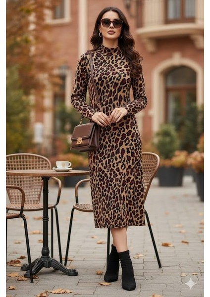 Ulak Handmader Kadın Uzun Kollu Balıkçı Yaka Leopar Desenli Midi Boy Elbise modelleri