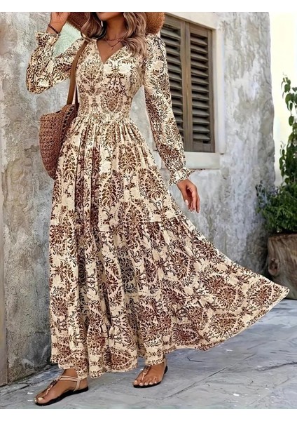 Ulak Handmader Kadın Uzun Kollu V Yakalı Desenli Süprem Elbise modelleri