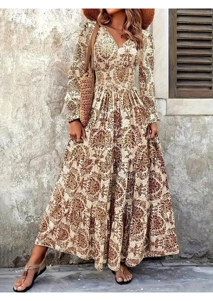 Ulak Handmader Kadın Uzun Kollu V Yakalı Desenli Süprem Elbise fırsatları