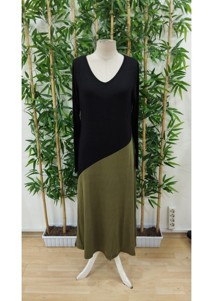 Kadın Uzun Kollu V Yakalı Blok Desenli Viskon Elbise fırsatları