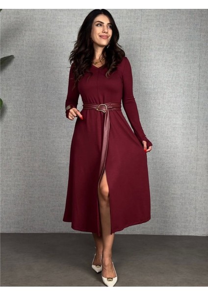 Ulak Handmader Kadın Uzun Kollu Yakalı Belden Deri Detaylı Kuşaklı Yırtmaçlı Midi Viskon Iki Iplik Elbise modelleri