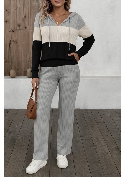 Ulak Handmader Kadın Uzun Kollu Kapşonlu Bağcıklı Blok Renkli Şardonlu Kaşkorse Bluz ve Pantolon Ikili Takım