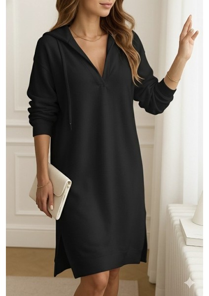 Ulak Handmader Kadın Uzun Kollu Kapüşonlu Yakası Açık Modal Elbise