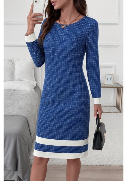 Ulak Handmader Kadın Uzun Kollu Yuvarlak Yaka Etek Ucu Şerit Detaylı Mini Dokuma Elbise