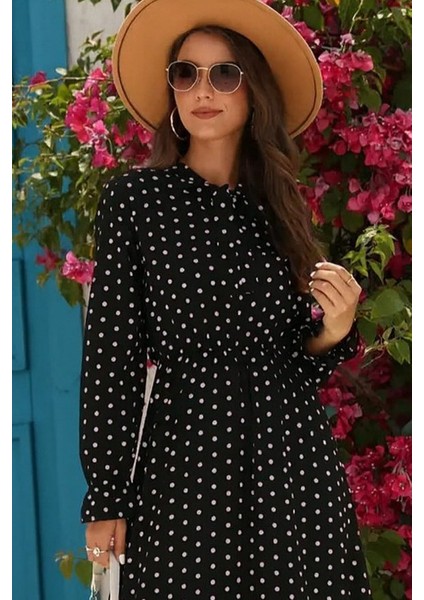 Ulak Handmader Kadın Uzun Kollu Yakası Bağcıklı Uzun Puantiyeli Krep Maxi Elbise fiyatları