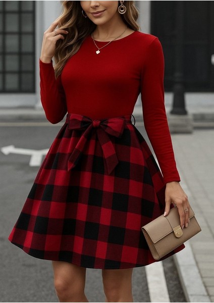 Ulak Handmader Kadın Uzun Kollu Bisiklet Yaka Üst Viskon Alt Ekose Kısa Elbise