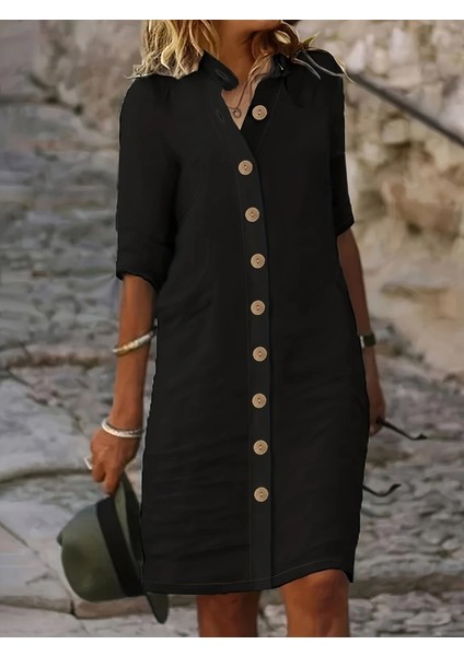Ulak Handmader Kadın Kısa Kollu Hakim Yaka Önden Düğmeli Kısa Müslim Elbise