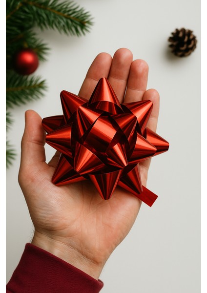 3 Adet Parlak Kırmızı Büyük BOY-10CM Metalik Fiyonk Kutu ve Ambalaj Süsü Rafya Yapışkanlı Yıldız Süs