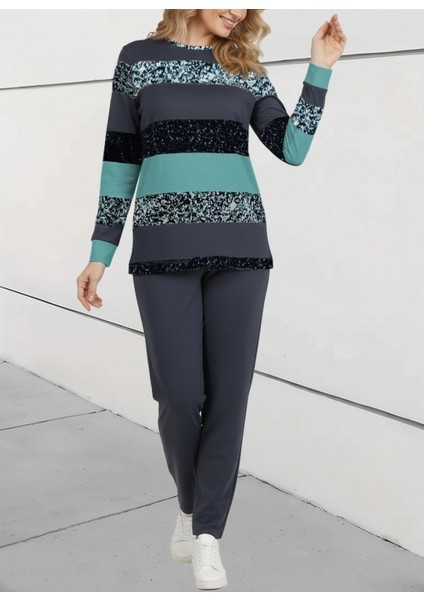 Ulak Handmader Kadın Uzun Kollu Bisiklet Yaka Çizgili Desen Iki Iplik Bluz ve Pantolon Ikili Takım fırsatları