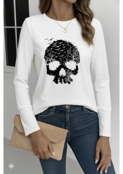 Ulak Handmader Kadın Uzun Kollu Bisiklet Yaka Kurukafa Desenli Viskon Bluz modelleri