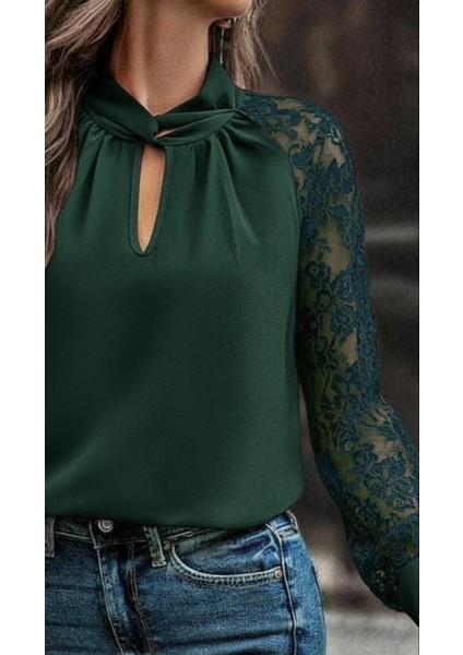 Ulak Handmader Kadın Uzun Kollu Göğüs Pencere Detay Yaka Boğazlı Kolları Tüllü Sandy Bluz modelleri