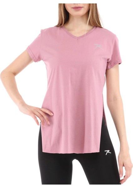 Kadın %100 Pamuk V Yaka T-Shirt Fragum Pembe