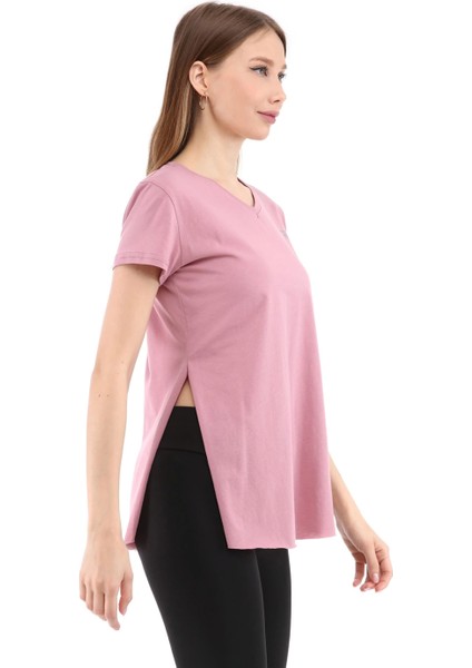Kadın %100 Pamuk V Yaka T-Shirt Fragum Pembe modelleri
