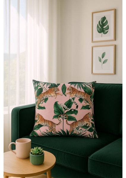 Kaplan Desen Kadife Kırlent Kılıfı Pembe V1 50X50