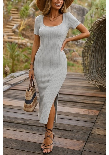 Ulak Handmader Kadın Kısa Kollu Kare Yaka Yandan Yırtmaçlı Fitilli Kaşkorse Elbise