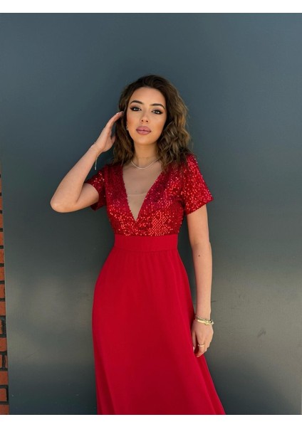 Ulak Handmader Kadın Kısa Kollu Derin V Yakalı A Kesim Pulpayet Detaylı Şifon Nedime Elbisesi fırsatları