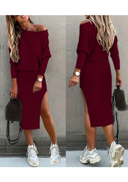 Ulak Handmader Kadın Uzun Kollu Düşük Omuz Yırtmaç Detay Kaşkorse Etek Bluz Ikili Takım