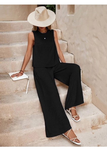 Ulak Handmader Kadın Sıfır Kollu Bisiklet Yaka Aerobin Bluz ve Pantolon Ikili Takım