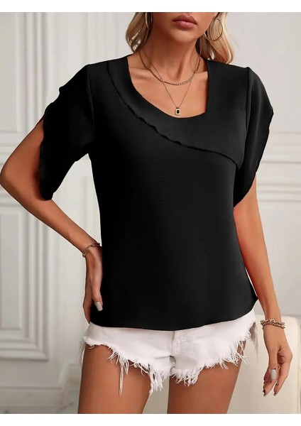 Ulak Handmader Kadın Kısa Kollu Yaka ve Kol Detay Jesica Bluz