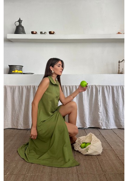 Ulak Handmader Keten Önden Düğmeli Kolsuz Gömlek Yaka Elbise - Yağ Yeşili fiyatları