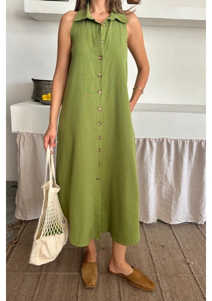 Ulak Handmader Keten Önden Düğmeli Kolsuz Gömlek Yaka Elbise - Yağ Yeşili modelleri