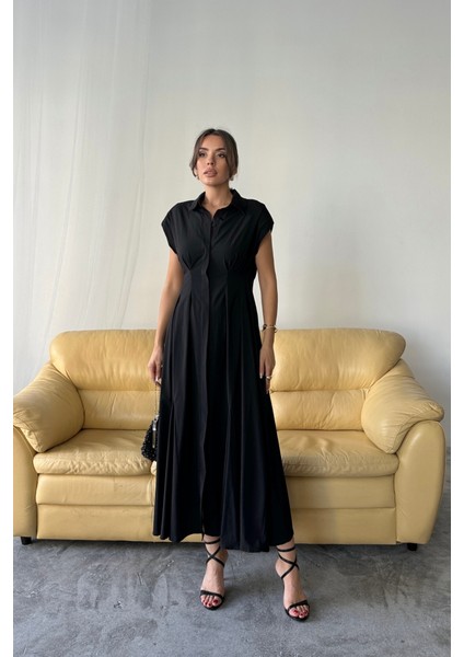 Ulak Handmader Kolsuz Vatkalı Önden Düğmelibel Pens Detaylı Poplin Elbise - Siyah fırsatları