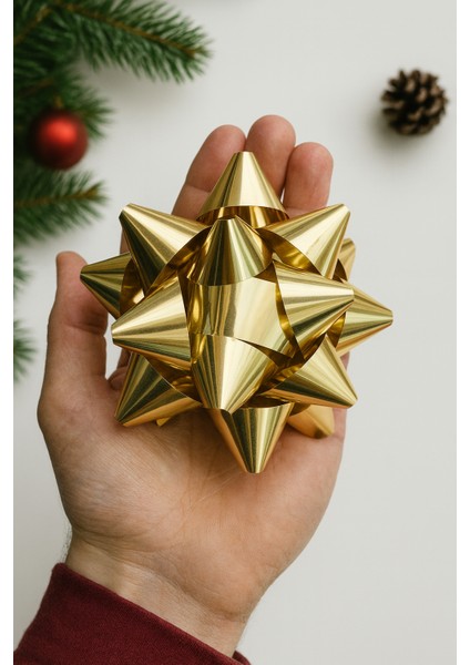 3 Adet Parlak Gold/altın Büyük BOY-10CM Metalik Fiyonk Kutu ve Ambalaj Süsü Rafya Yapışkanlı Yıldız