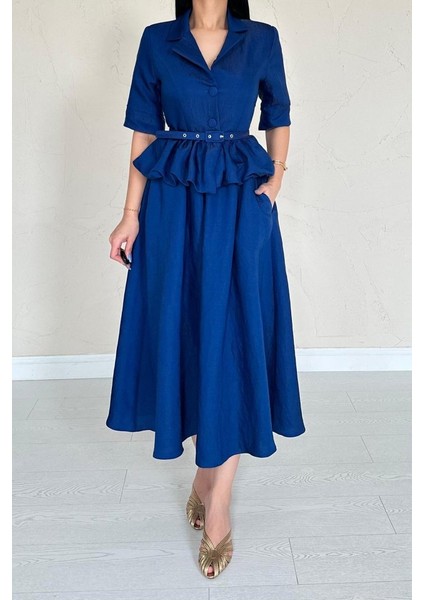 Ulak Handmader Lacivert Ince Kemerli Fırfırlı Ceket ve Büzgülü Etek Takım modelleri