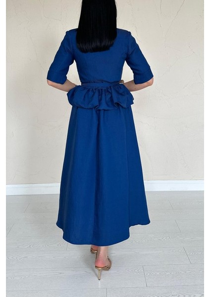 Ulak Handmader Lacivert Ince Kemerli Fırfırlı Ceket ve Büzgülü Etek Takım fırsatları