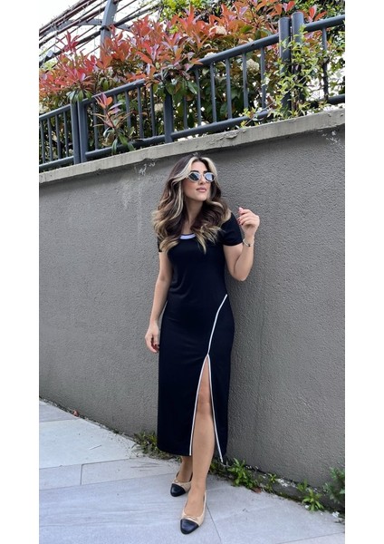 Ulak Handmader Kadın Yuvarlak Ribana Yaka Beyaz Yırtmaç Detaylı Viskon Tam Boy Elbise fiyatları