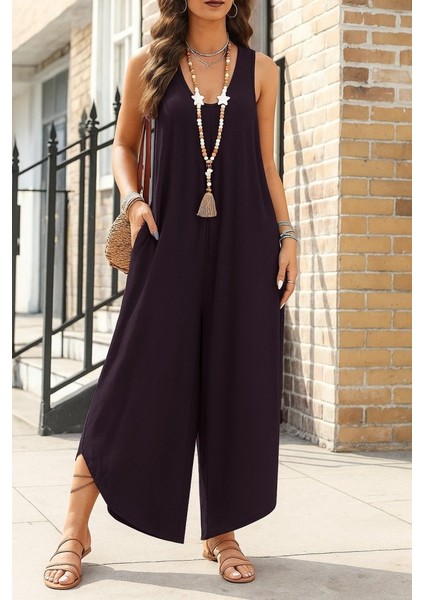 Ulak Handmader Kadın Askılı Yuvarlak Yaka Cepli Salaş Uzun Viskon Tulum