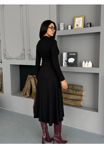 Ulak Handmader Kadın Uzun Kollu Önden Fermuarlı Maxi Viskon Iki Iplik Elbise