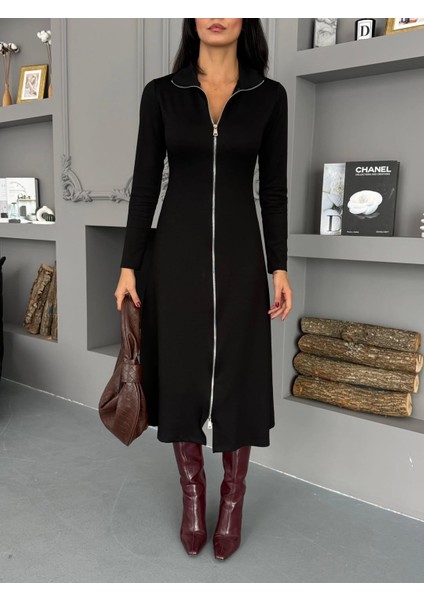 Ulak Handmader Kadın Uzun Kollu Önden Fermuarlı Maxi Viskon Iki Iplik Elbise