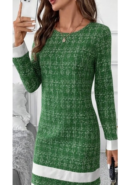 Ulak Handmader Kadın Uzun Kollu Yuvarlak Yaka Etek Ucu Şerit Detaylı Mini Dokuma Elbise fiyatları