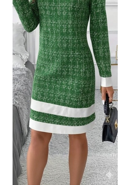 Ulak Handmader Kadın Uzun Kollu Yuvarlak Yaka Etek Ucu Şerit Detaylı Mini Dokuma Elbise modelleri