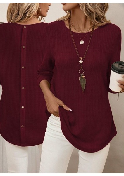 Ulak Handmader Kadın Uzun Kollu Yuvarlak Yaka Arkadan Düğmeli Waffle Bluz modelleri
