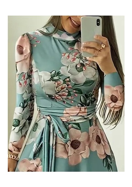 Ulak Handmader Kadın Uzun Kollu Yuvarlak Yakalı Beli Kuşaklı Desenli Süprem Uzun Elbise fiyatları