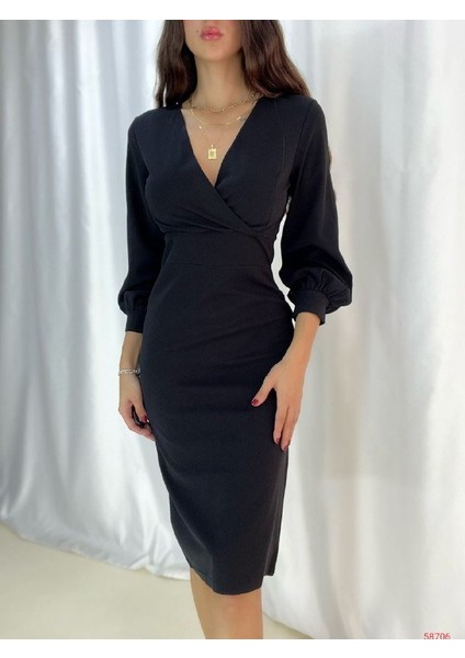 Ulak Handmader Kadın Kruvaze Yaka Balon Kol Midi Boy Elbise