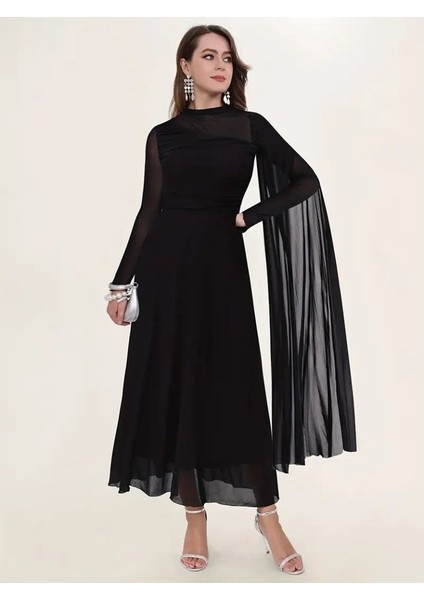 Ulak Handmader Kadın Uzun Kollu Yarı Balıkçı Yaka Tül Detaylı Uzun Sandy Elbise fiyatları