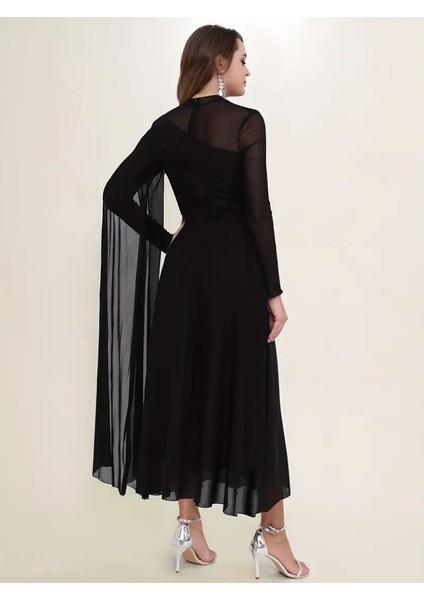 Ulak Handmader Kadın Uzun Kollu Yarı Balıkçı Yaka Tül Detaylı Uzun Sandy Elbise fırsatları