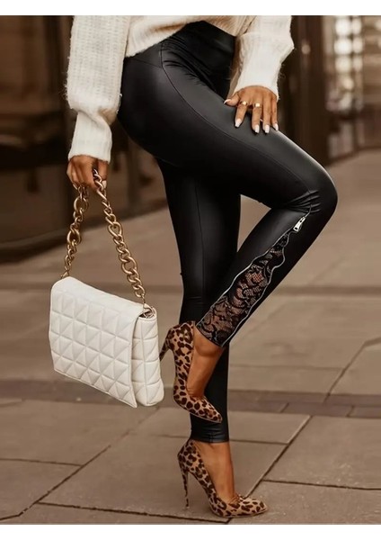 Ulak Handmader Kadın Yüksek Bel Yandan Yırtmaçlı Dantel Detaylı Deri Tayt