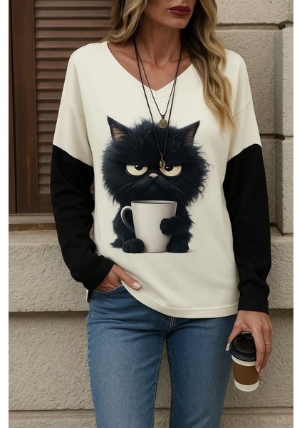 Ulak Handmader Kadın Uzun Kollu V Yakalı Kedi Baskılı Şardonlu Dalgıç Bluz modelleri
