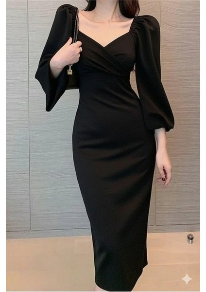 Ulak Handmader Kadın Uzun Kollu Kalp Yakalı Midi Ithal Krep Elbise