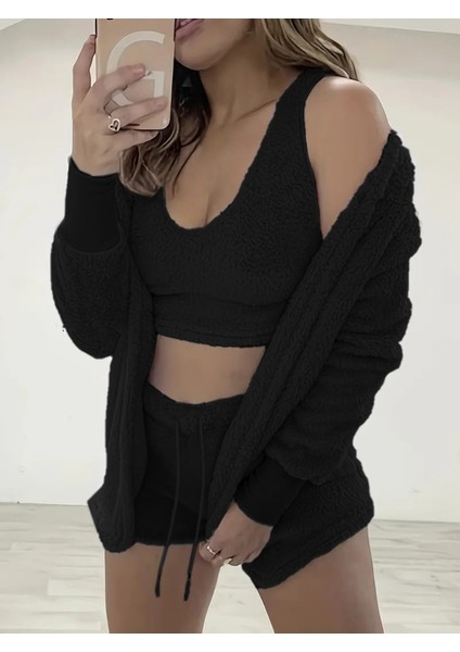 Ulak Handmader Kadın Uzun Kollu Ceket, Askılı Peluş Bluz ve Şort Üçlü Takım modelleri