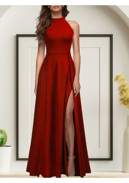 Ulak Handmader Kadınhalter Yaka Derin Yırtmaç Detaylı Tam Boy Ithal Krep Abiye Elbise