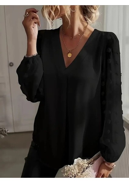 Ulak Handmader Kadın Uzun Kollu V Yakalı Kolları Popon Detaylı Sandy Bluz fırsatları