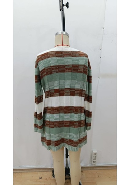 Ulak Handmader Kadın Uzun Kollu V Yakalı Çizgili Çok Renkli Triko Mini Elbise