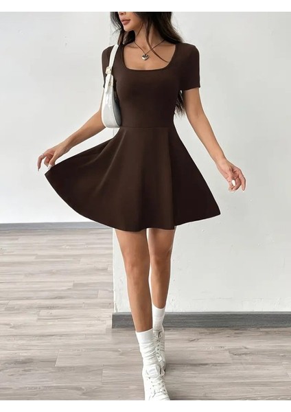 Ulak Handmader Kadın Kısa Kollu Kare Yaka Short Detaylı Cepli Dalgıç Elbise