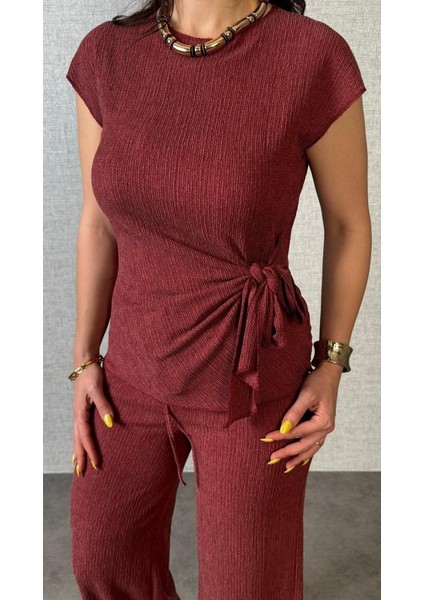 Ulak Handmader Kadın Kısa Kollu Bisiklet Yaka Yandan Bağlamalı Bürümcük Bluz ve Pantolon Ikili Takım modelleri