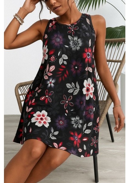 Ulak Handmader Kadın Askılı Yuvarlak Yaka Desenli A Kesim Süprem Elbise